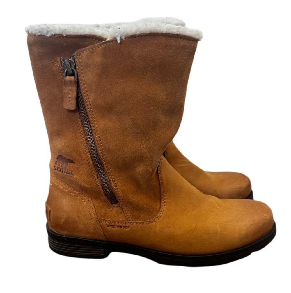 Sorel Emelie Foldover Boot Camel Brown Waterproof Leather Suede Lined Size 8.5